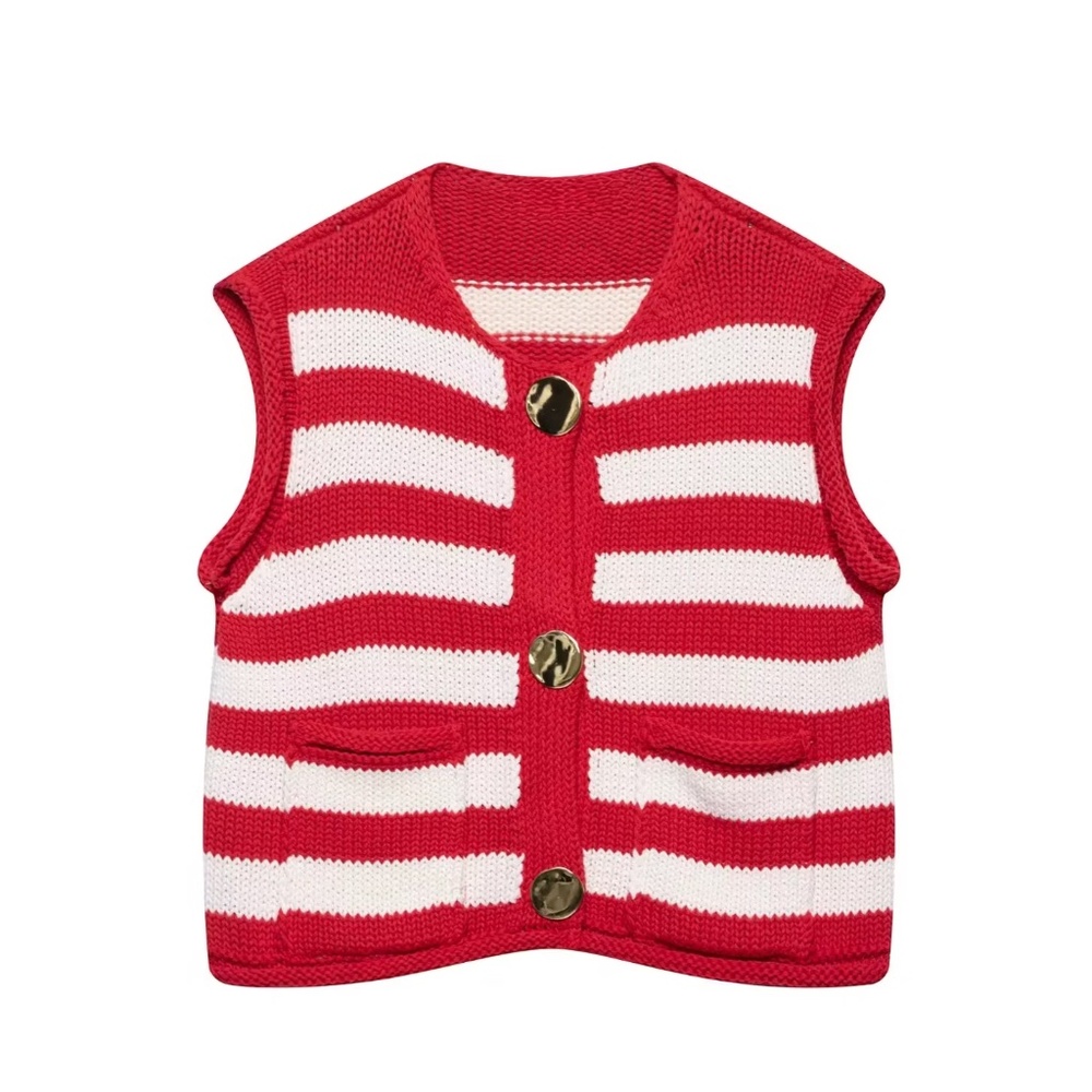 Women's bold awning red Stripe Knitted Vest sleeveless Cardigan gold Buttons NWT